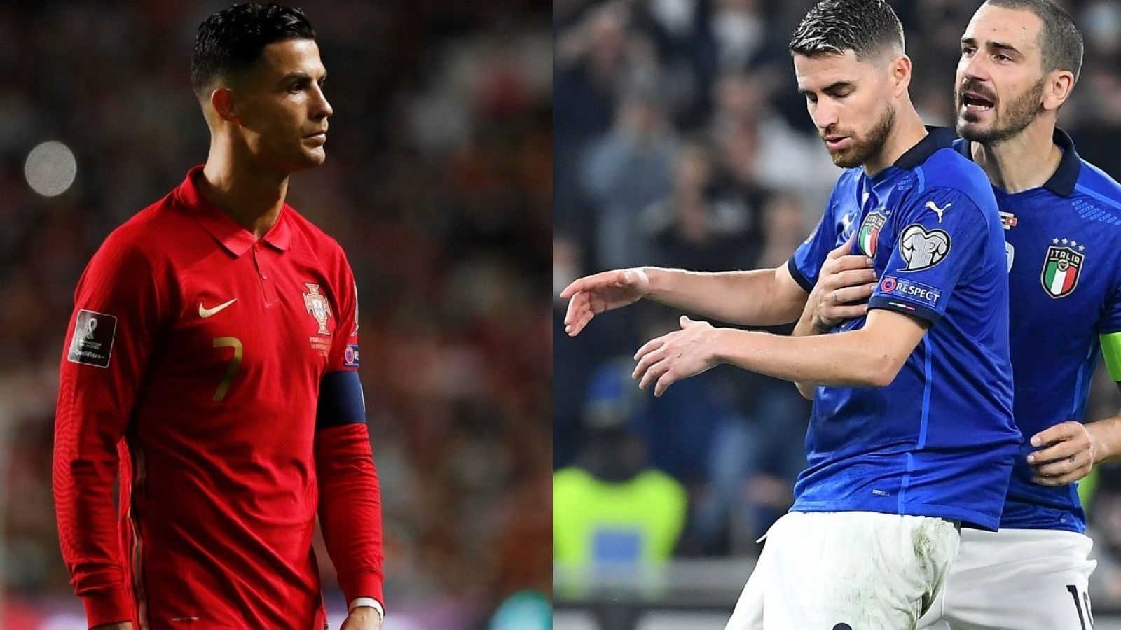 Imagen del portugués Cristiano Ronaldo y de los italianos Jorginho y Bonucci.