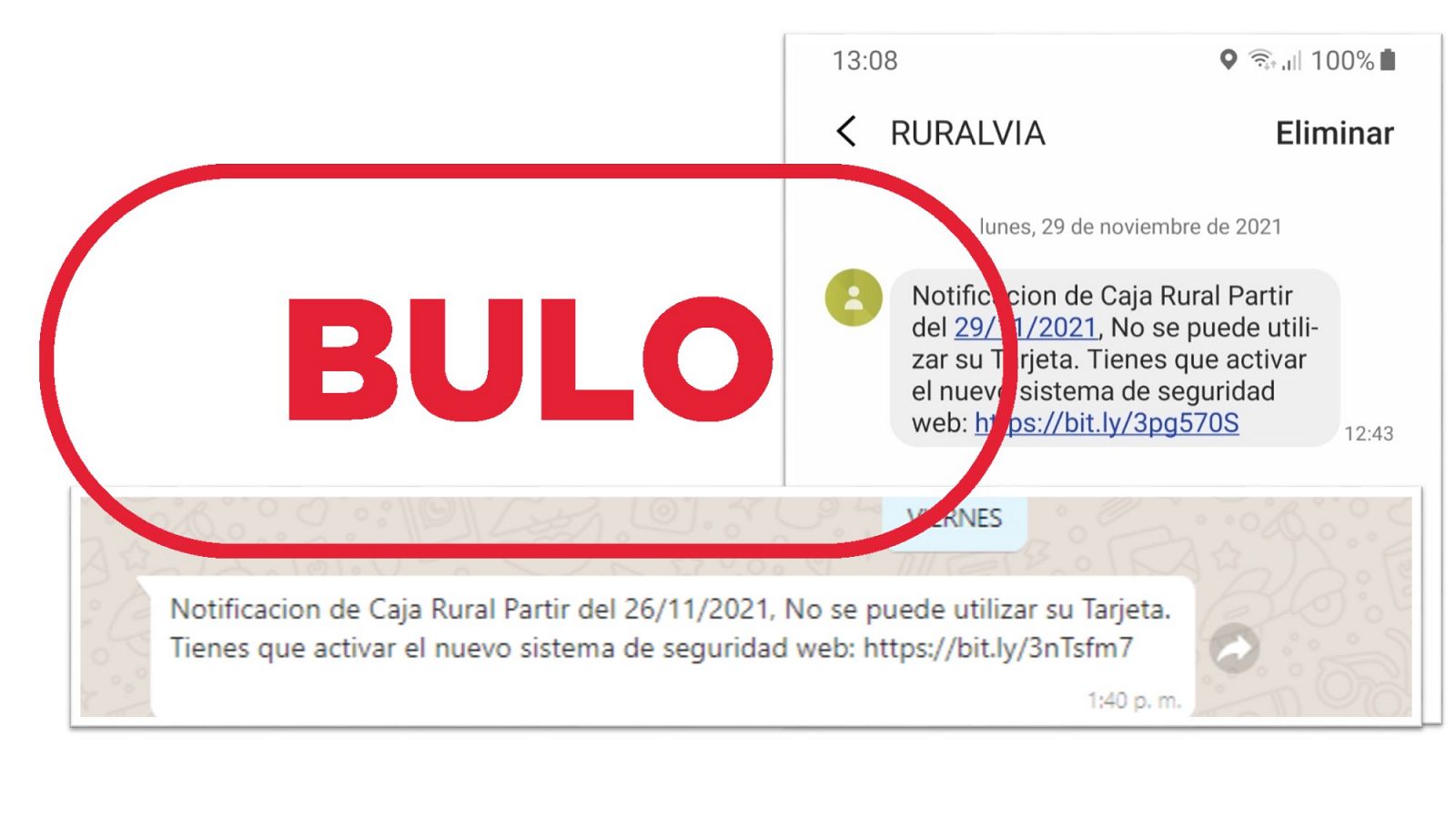 Dos mensajes falsos que fingen enviarse desde Caja Rural con sello Bulo