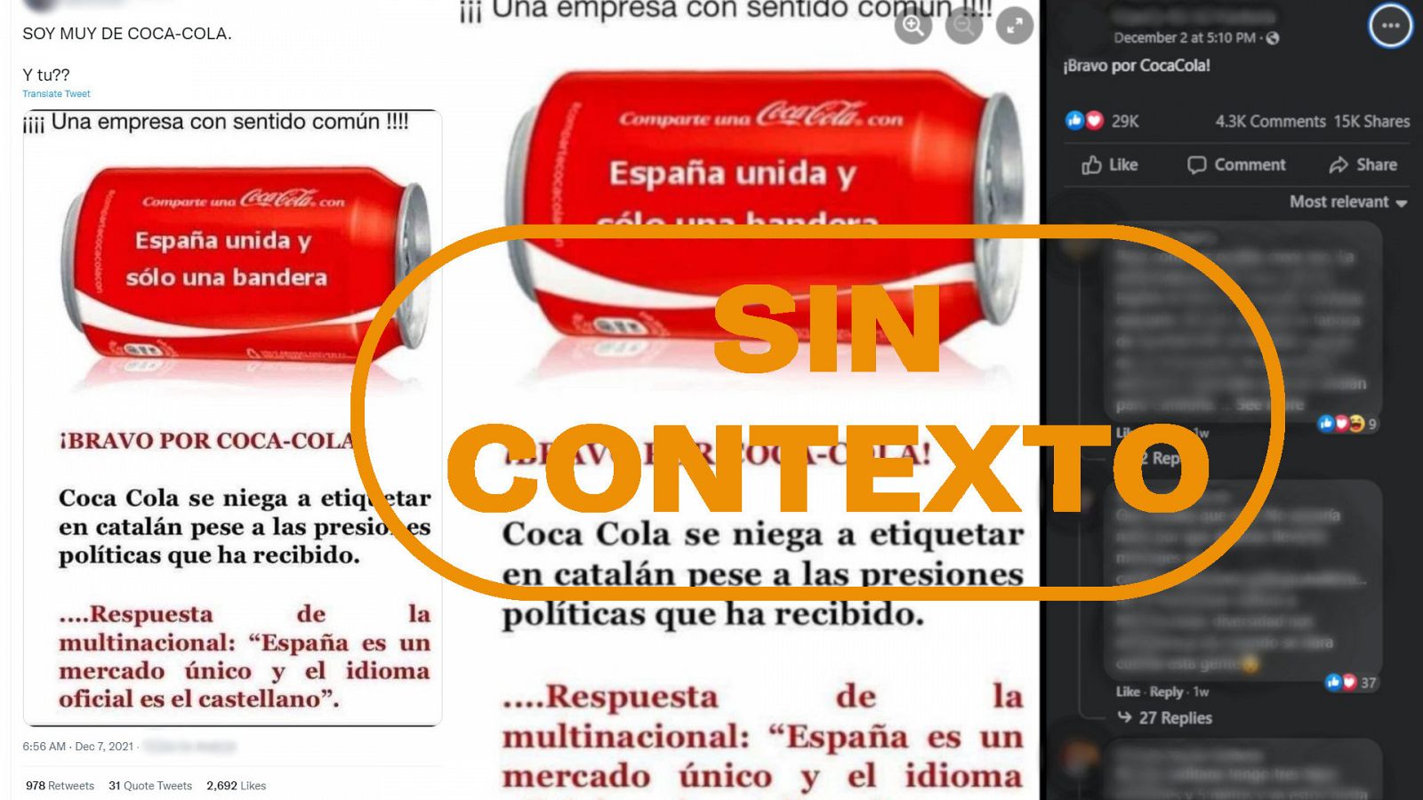 Mensajes de redes que dicen que Coca-Cola se niega a etiquetar en catalán, con el sello Sin Contexto en naranja de VerificaRTVE