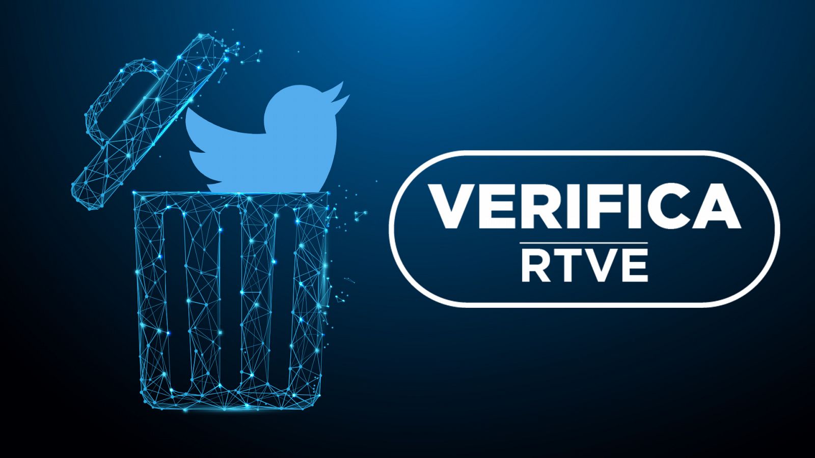 Imagen del icono del pájaro de Twitter junto a un símbolo de una papelera, con el sello VerificaRTVE