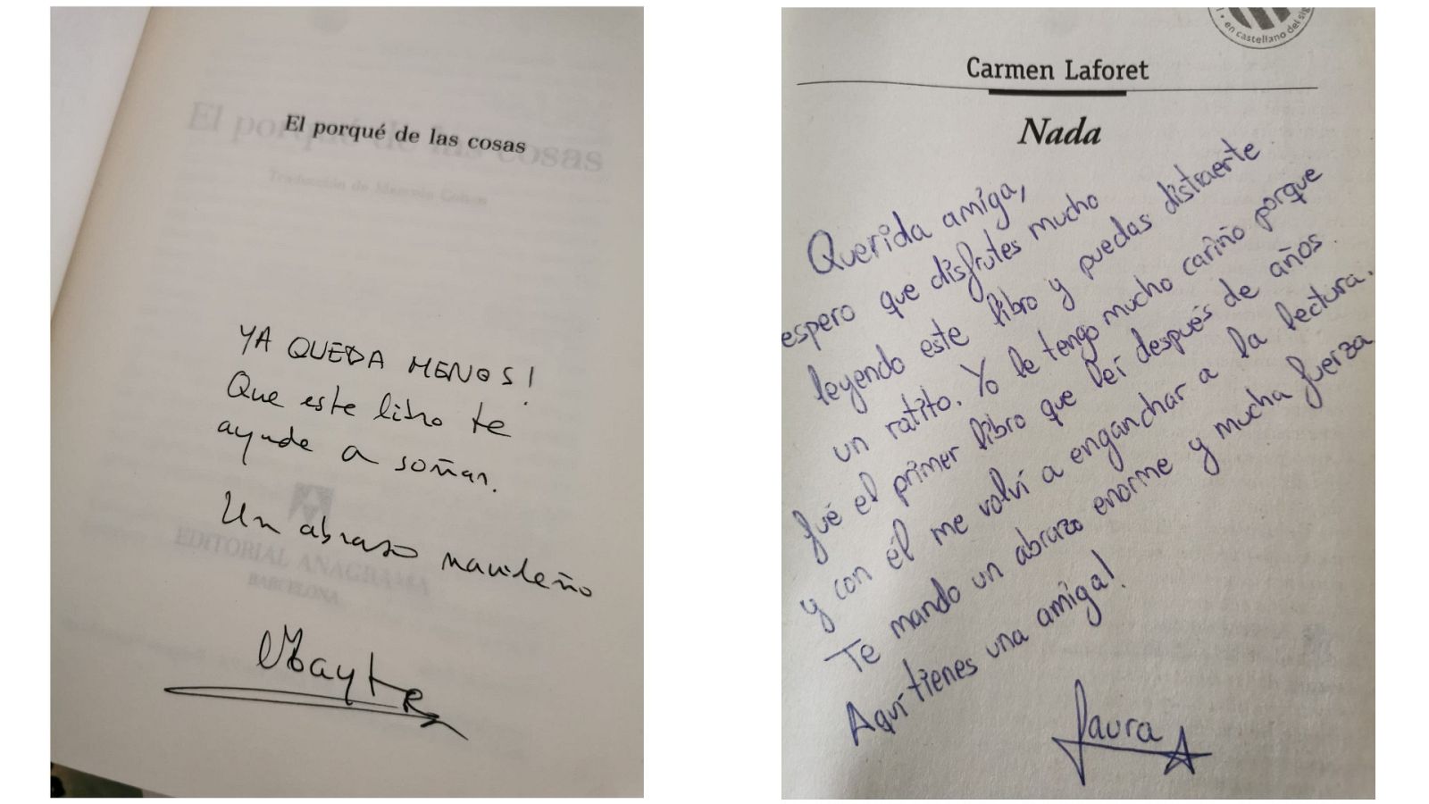 Dedicatorias en dos libros donados a las reclusas.