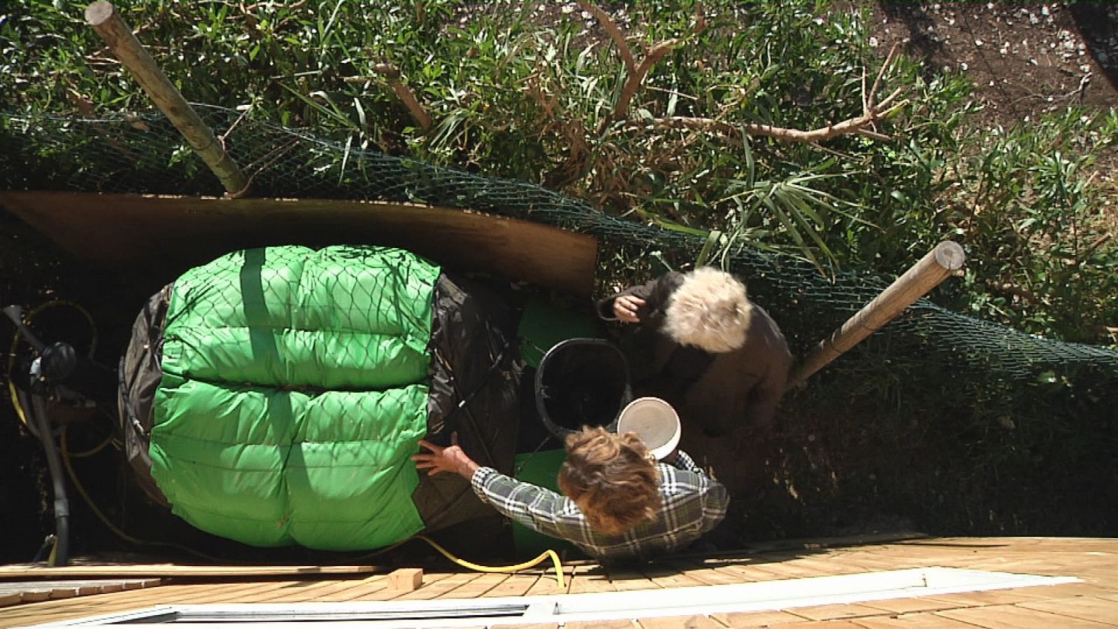 Vista cenital de un biodigestor en el jardín de una vivienda.