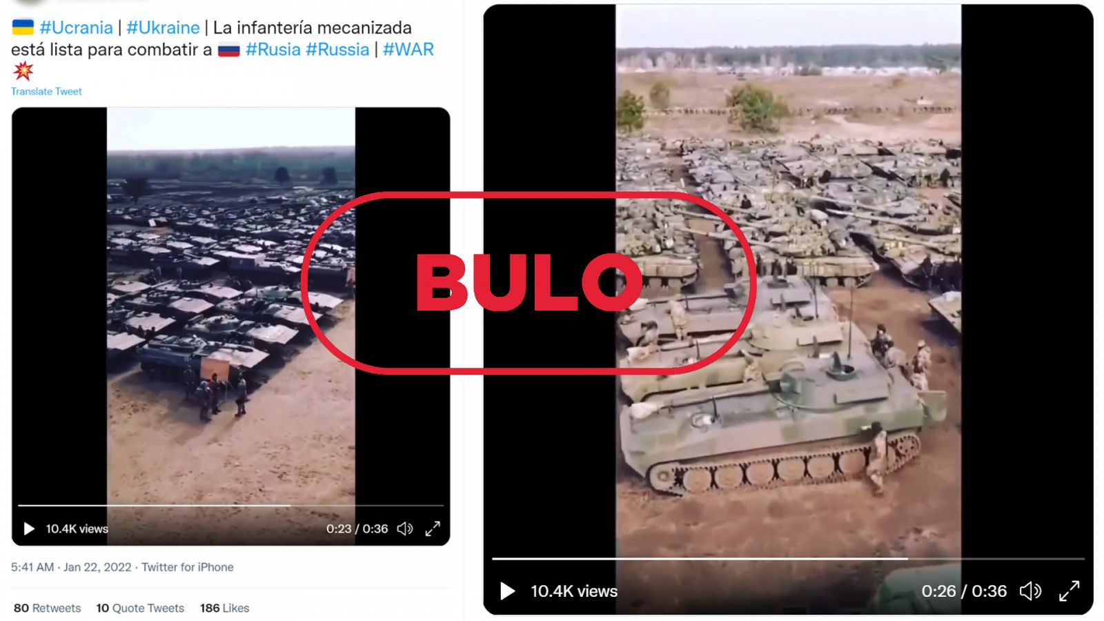 Vídeos en redes donde se muestra al Ejército de Ucrania preparándose para la invasión rusa y que pertenecen al 2020, con el sello de bulo en rojo.