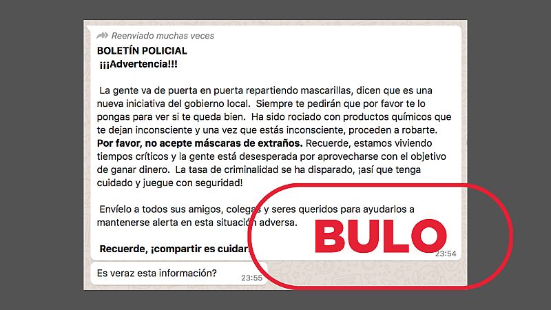 Mensaje que circula por WhatsApp con el falso boletín policial con el sello bulo