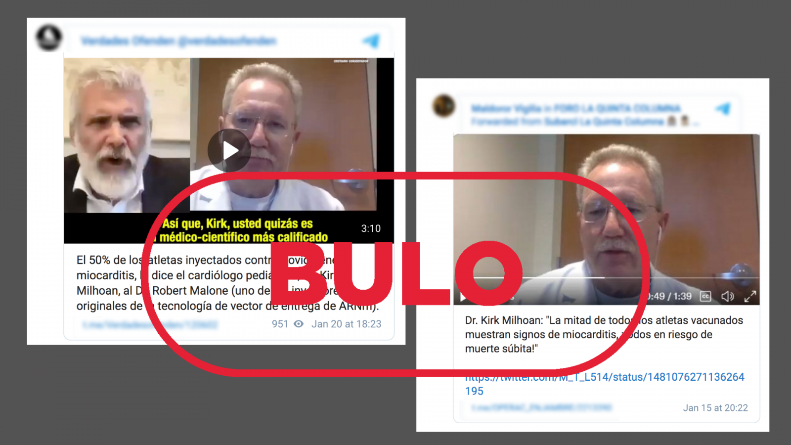 Dos mensajes de Telegram donde aparecen las declaraciones distorsionadas del cardiólogo Kirk Milhoan con en sello de bulo en rojo de VerificaRTVE.