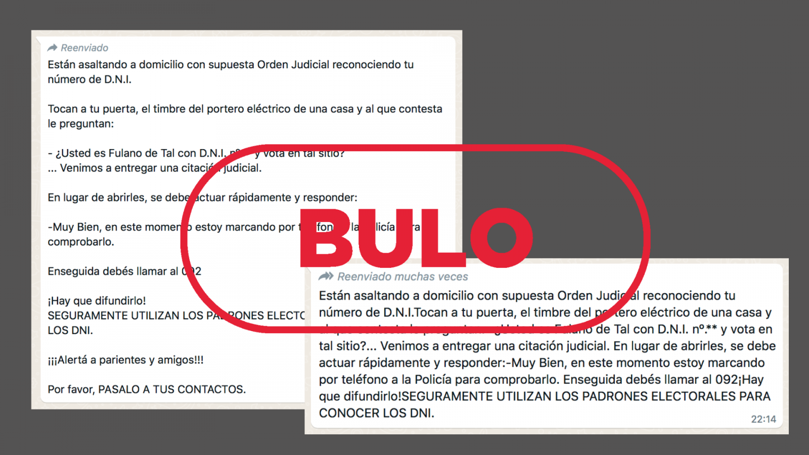 Mensajes que reproducen el bulo del asalto a domicilios con orden judicial con el sello de "BULO" en rojo de VerificaRTVE