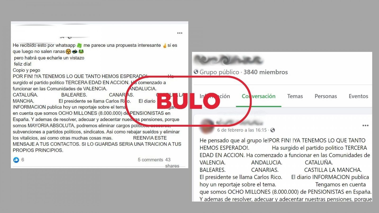 Mensajes de Facebook que dicen que Tercera Edad en Acción es un partido nuevo, con el sello bulo en rojo de VerificaRTVE