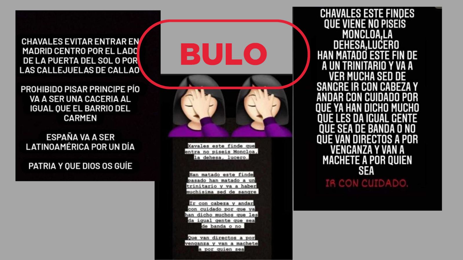 Tres mensajes en redes donde avisan de posibles peleas de bandas latinas en Madrid, con el sello de bulo de VerificaRTVE en rojo.