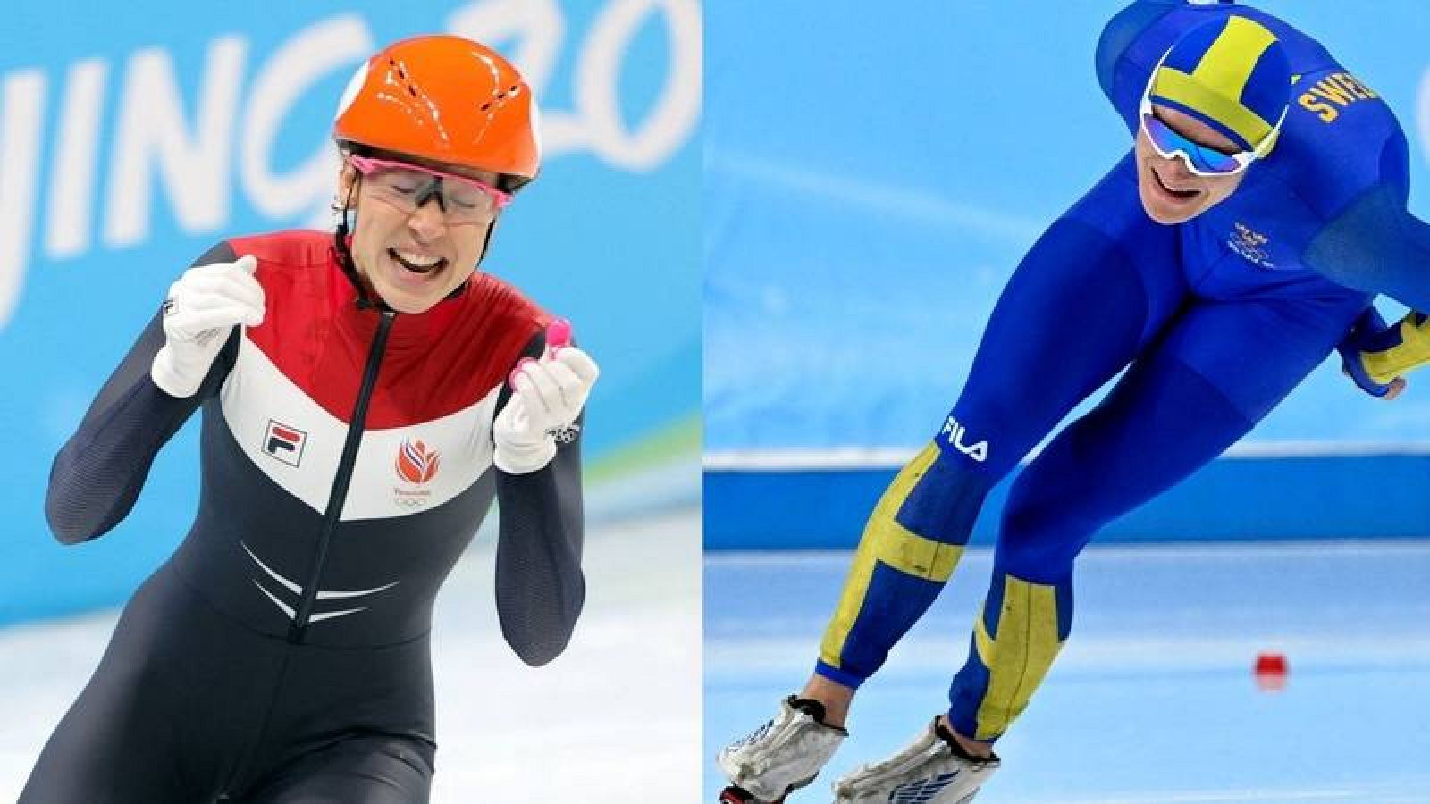 Fotomonaje con imágenes de Suzanne Schulting y Nils van der Poel en Pekín 2022.