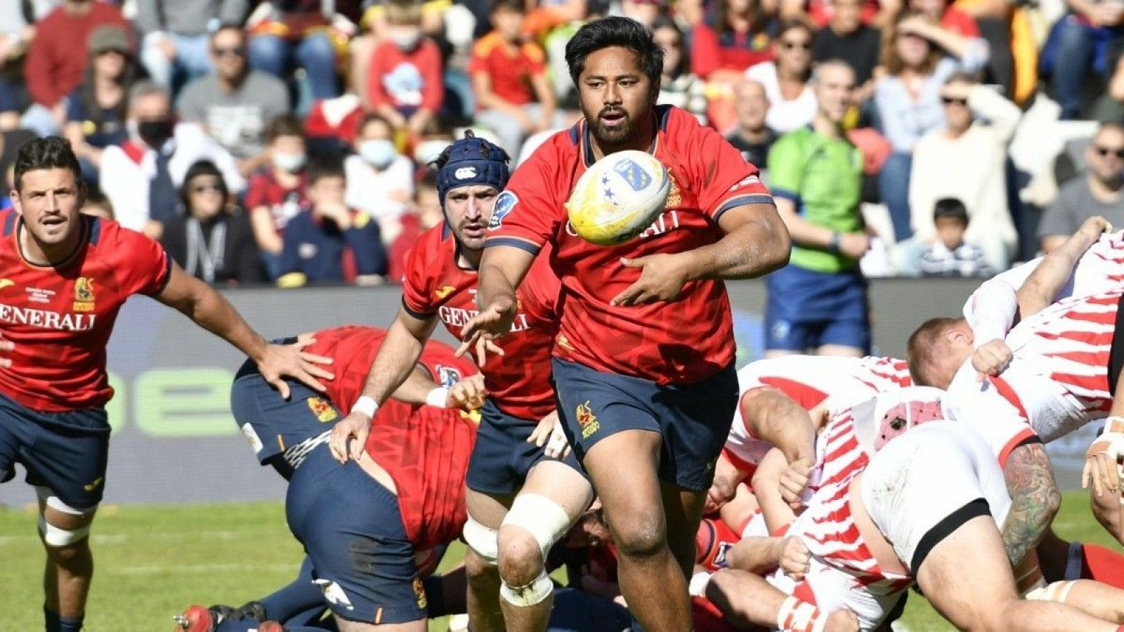 La selección española de Rugby durante un partido