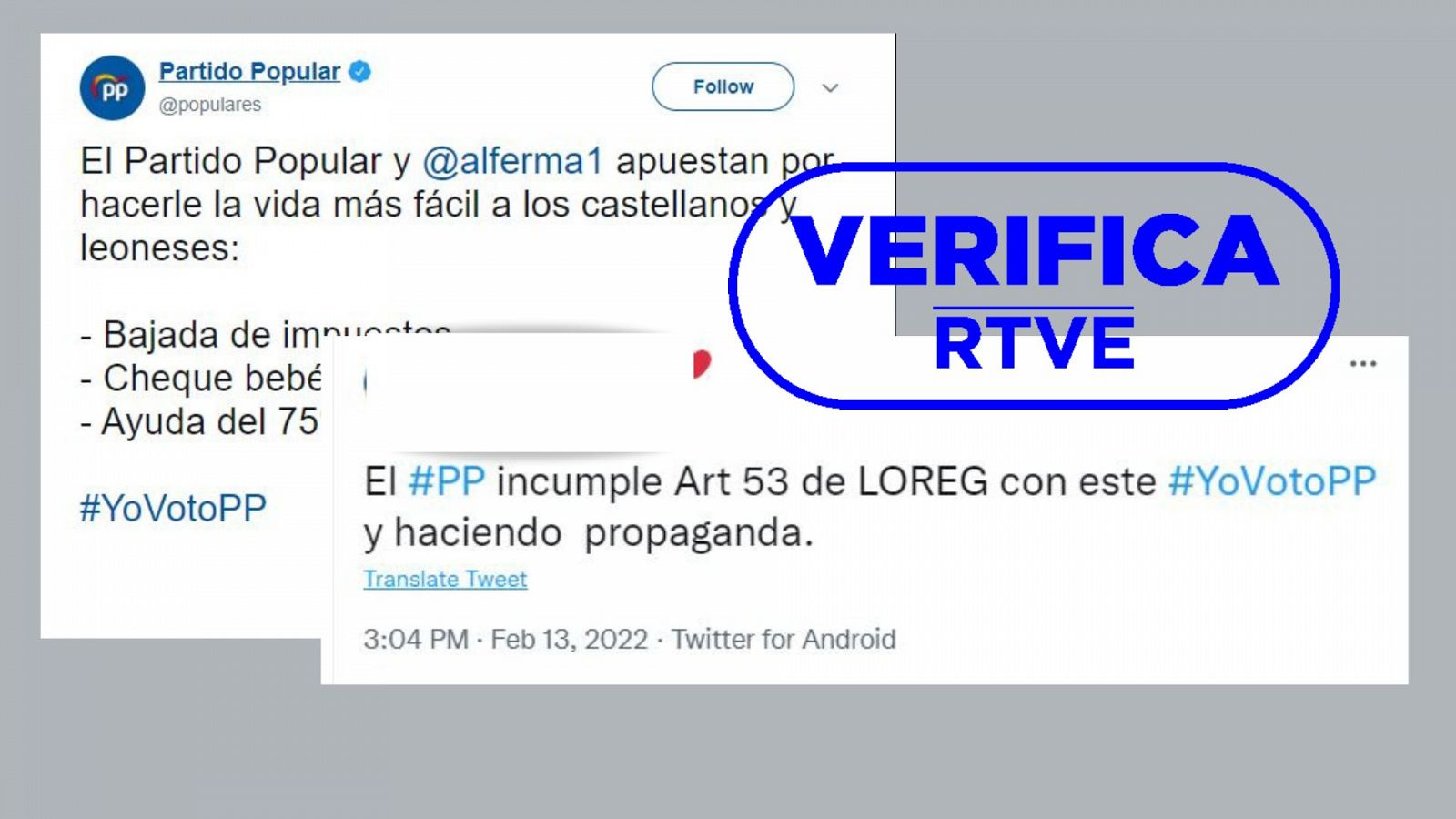 Imágenes del tuit que ha provocado numerosas críticas en la jornada electoral del 13 de febrero, junto con el sello de VerificaRTVE en azul.