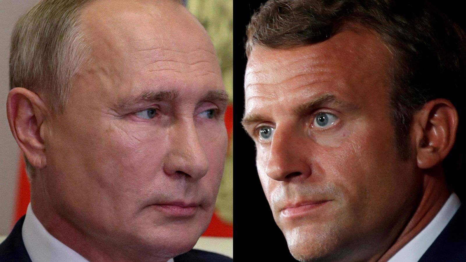 Fotomontaje de una imagen del presidente de Francia, Emmanuel Macron (d) y una imagen del presidente de Rusia, Vladímir Putin.