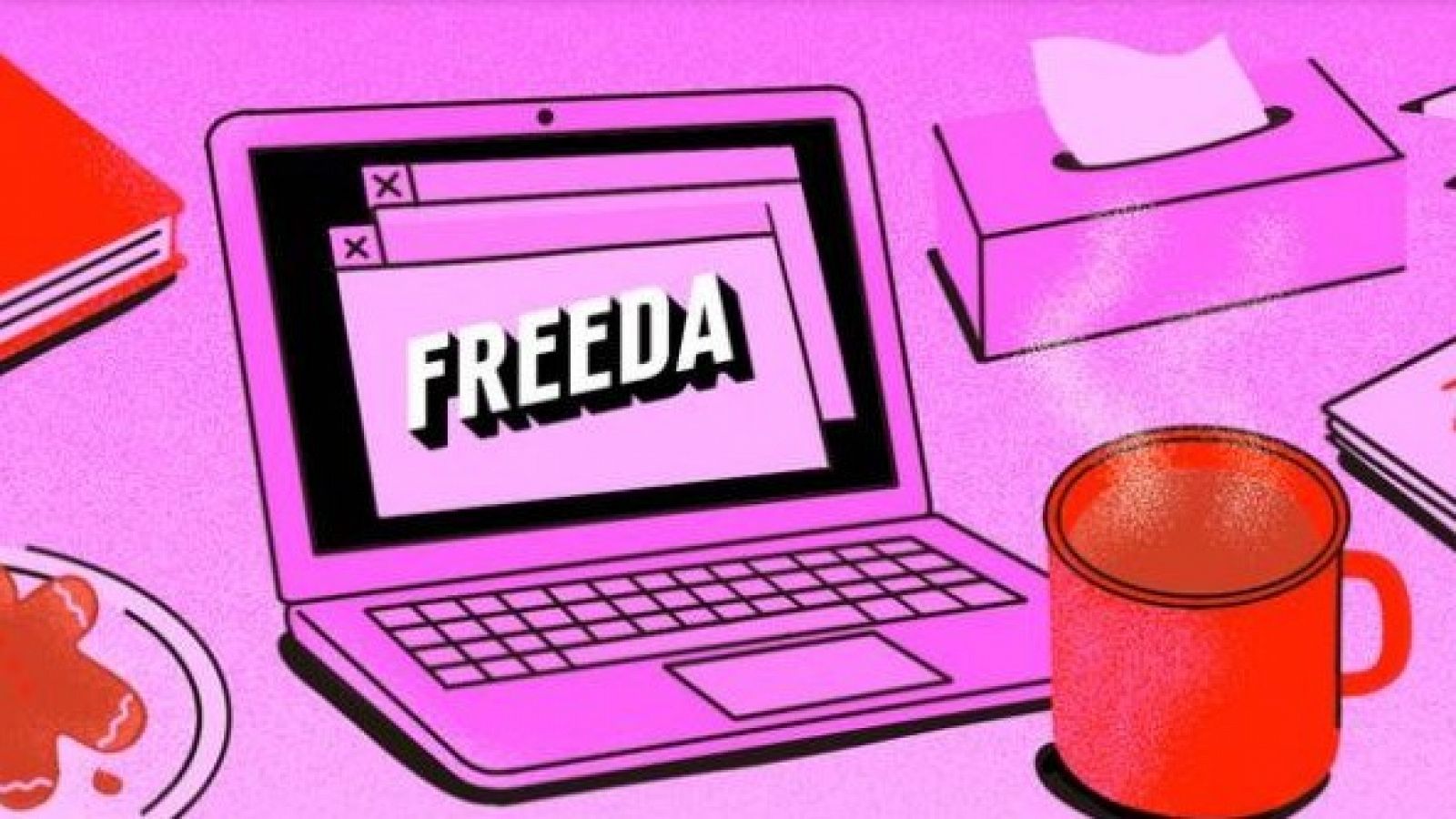 Ilustración con el nombre de Freeda sobre fondo rosa intenso y dibujos de una redacción.