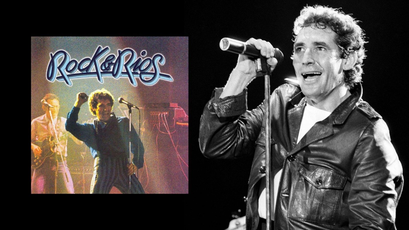 Portada del disco 'Rock & Ríos' y Miguel Ríos en un concierto en 1983