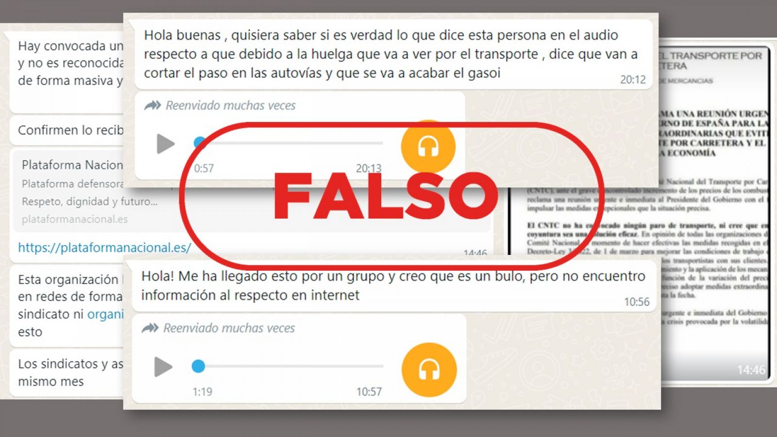 Mensajes de Whatsapp con audios alarmistas sobre la falta de gasolina y alimentos con el sello falso