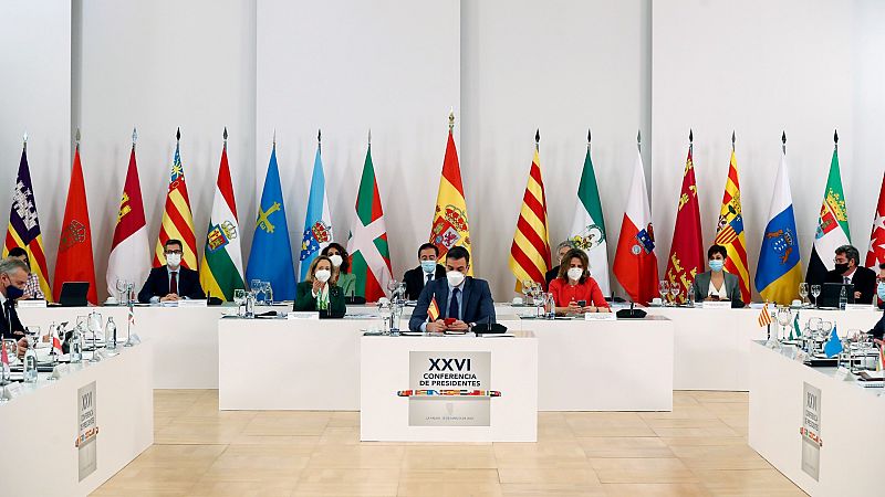 El presidente del Gobierno, Pedro Sánchez, durante su intervención en la reunión de la XXVI Conferencia de Presidentes en Los Llanos de Aridane (La Palma).