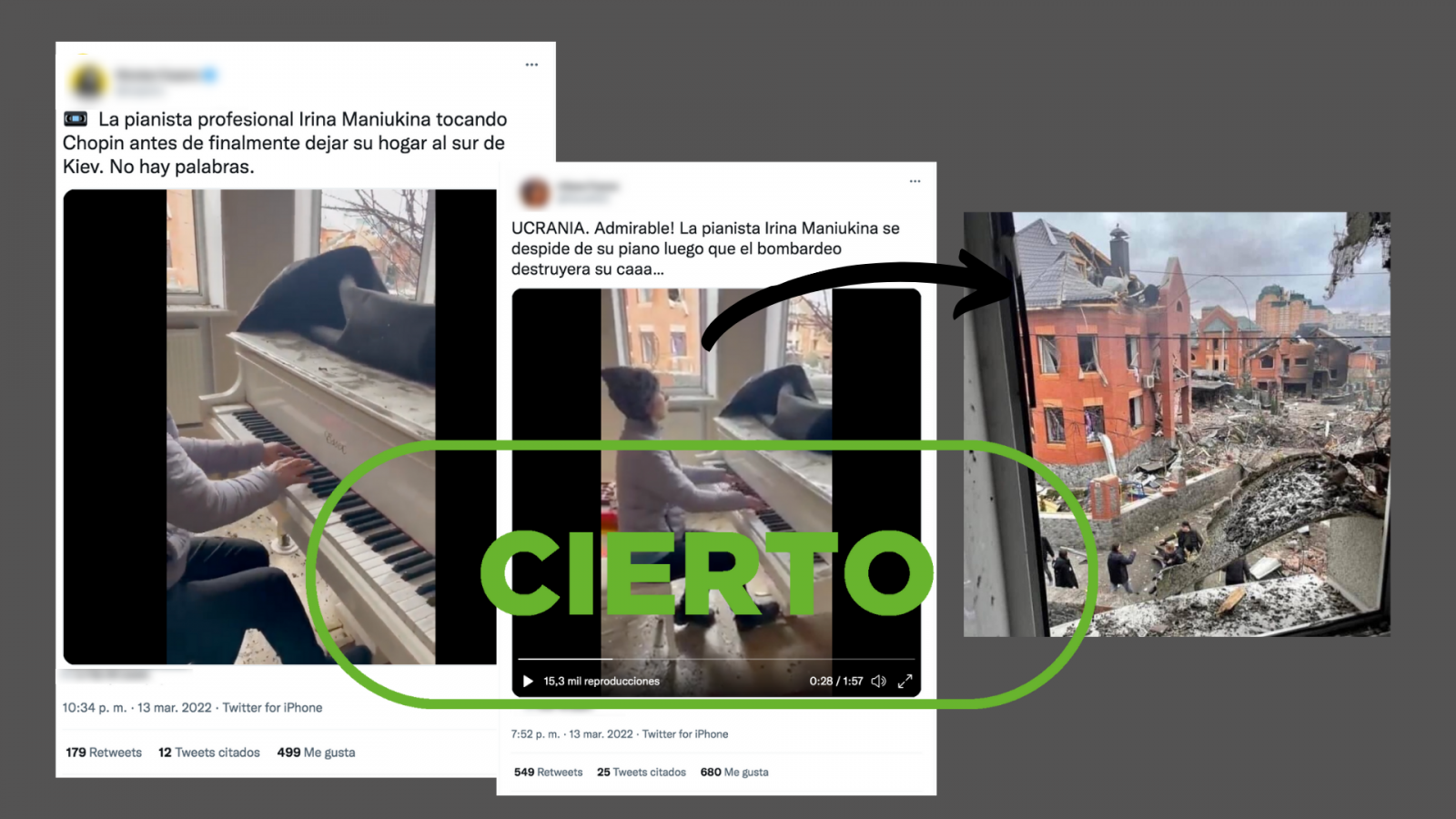 Mensajes de Twitter que comparten el vídeo de la mujer tocando el piano junto a la imagen de los destrozos por el bombardeo, con el sello Cierto