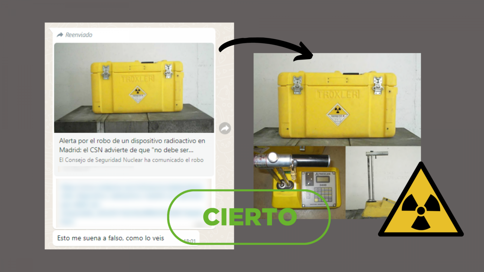 Mensaje de WhatsApp preguntando sobre la noticia del maletín robado y la fotografía difundida por el CSN, con el sello Cierto