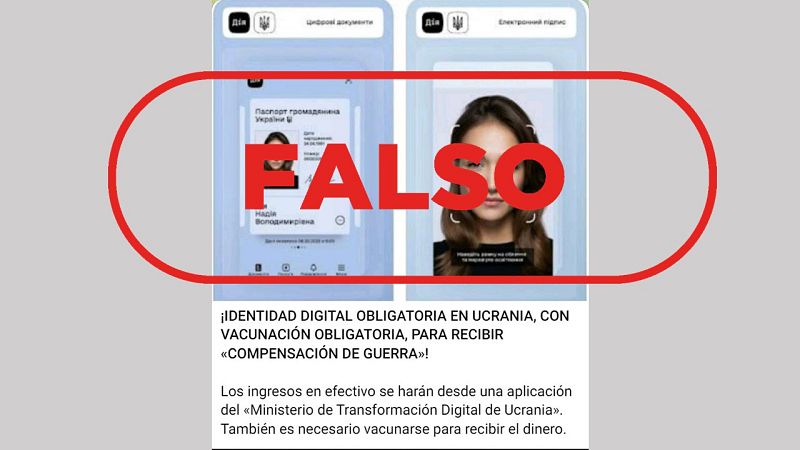 Captura de la noticia que dice que los no vacunados no podrán acceder a las ayudas de guerra del Gobierno de Ucrania con el sello: Falso
