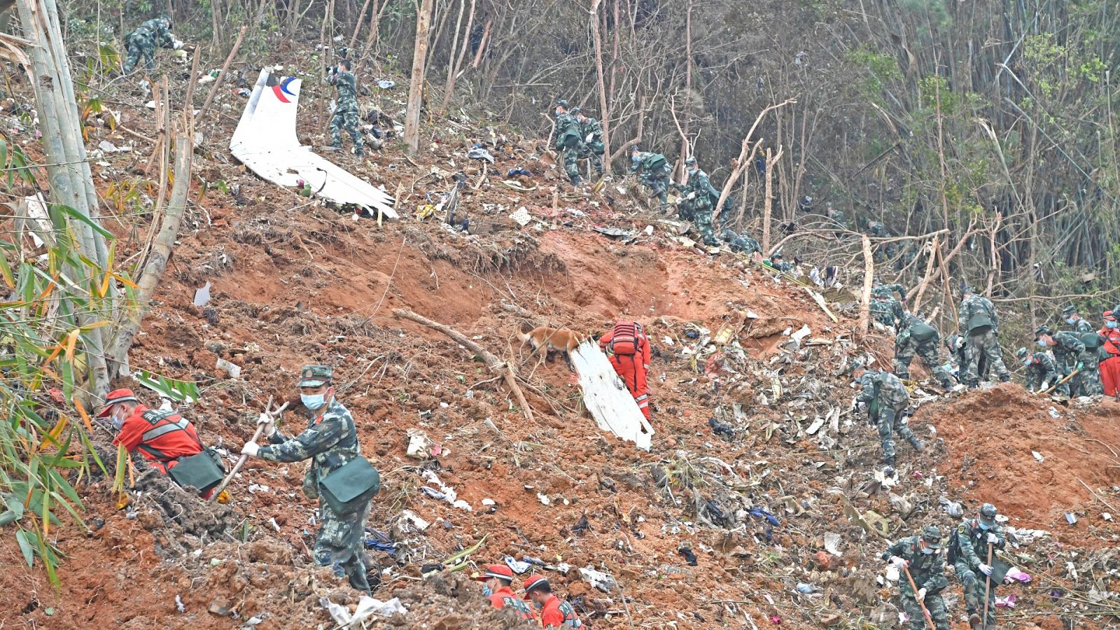 Rescatistas buscan las cajas negras en el lugar del accidente aéreo en Guangxi Zhuang, China