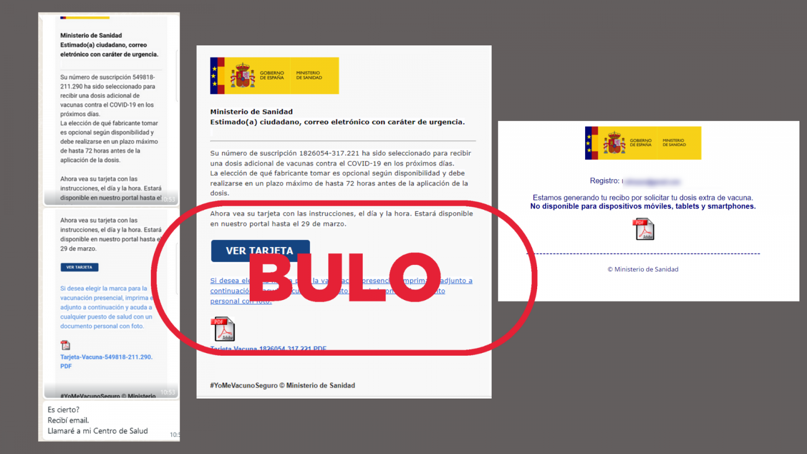 Mensaje de correo que suplanta al Ministerio de Sanidad, con el sello bulo en rojo de VerificaRTVE