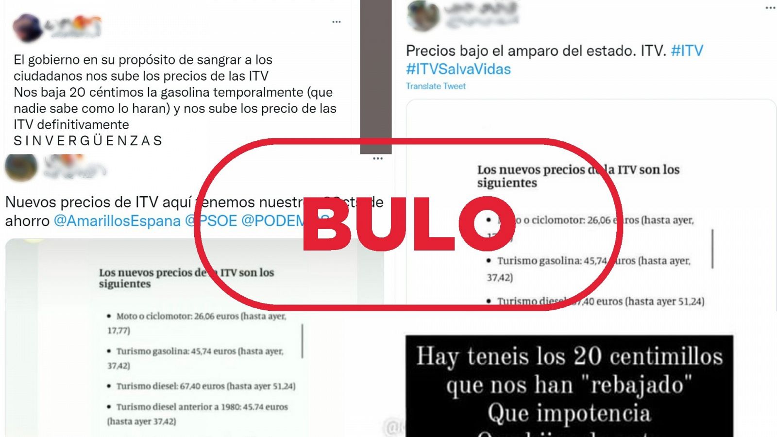 Tres contenidos en redes que atribuyen la subida de la ITV al gobierno, junto con el sello de bulo de VerificaRTVE en rojo.