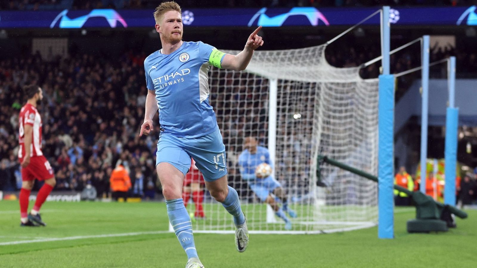 Kevin De Bruyne celebra el gol de City ante el Atlético en cuartos de Champions.