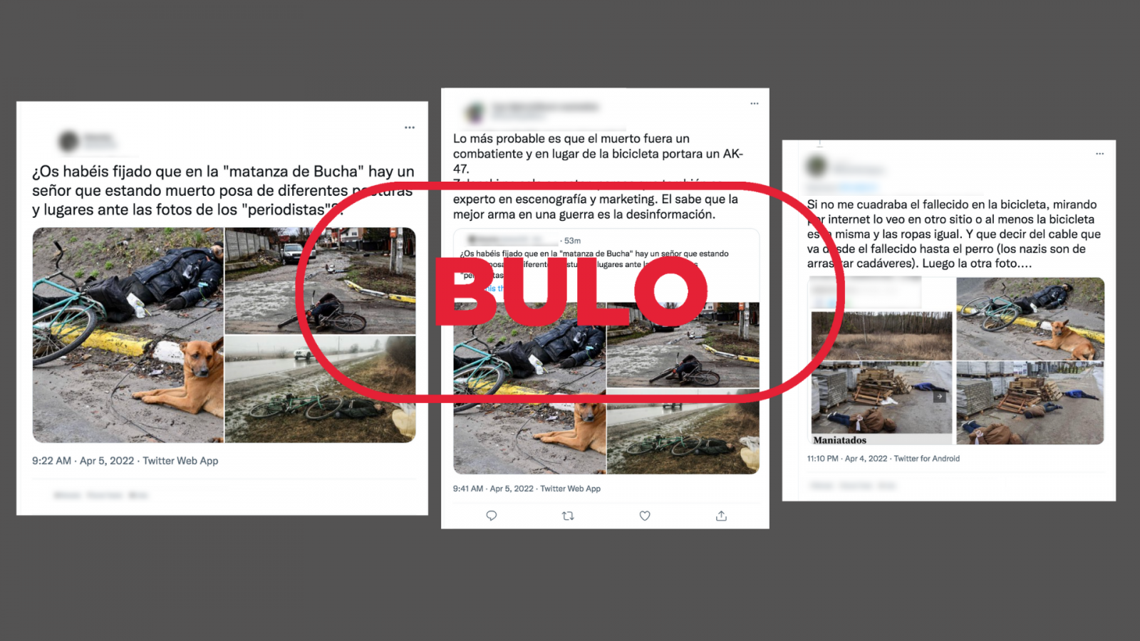 Mensajes de Twitter que reproducen el bulo de las imágenes de civiles muertos en Bucha, con el sello en rojo Bulo de VerificaRTVE