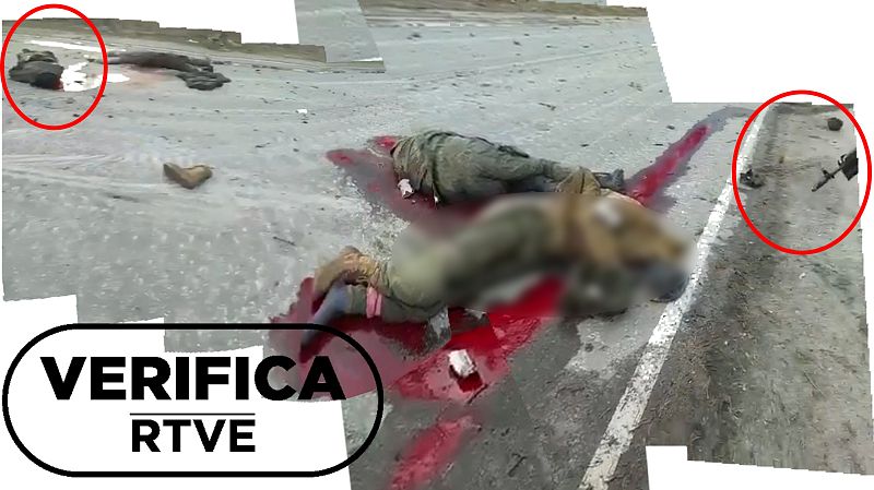 Composición que muestra los detalles principales del vídeo: los cuerpos tendidos y el arma que dispara con sello Verifica