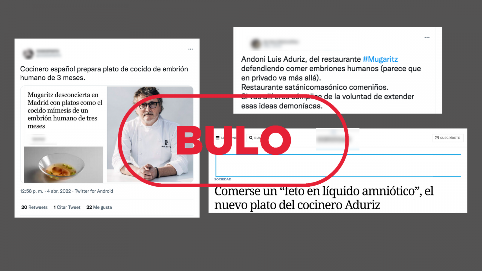 Mensajes con contenidos falsos sobre el plato gourmet de Andoni Aduriz que simula un feto humano, con el sello bulo en rojo