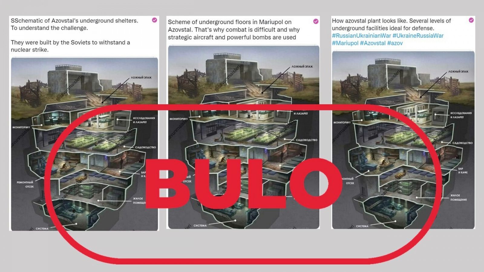 Mensajes que difunden el bulo del búnker de la fábrica de Azovstal, en Mariúpol