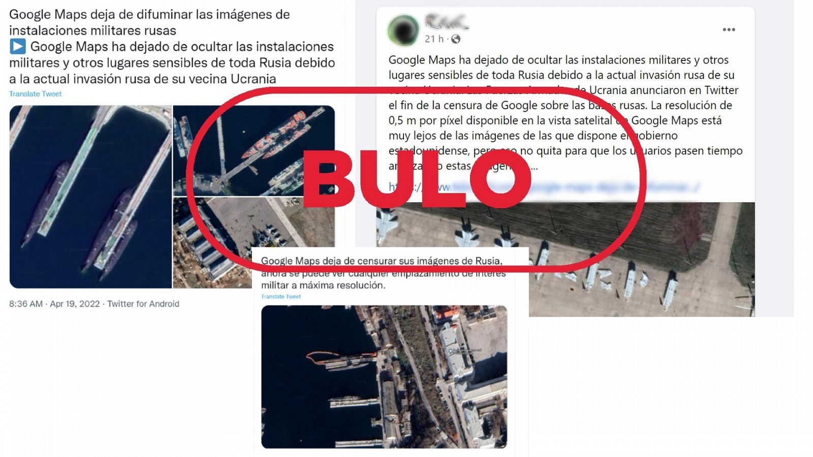 Mensajes de redes que reproducen el bulo de que Google Maps difuminaba fotos satelitales de bases de Rusia