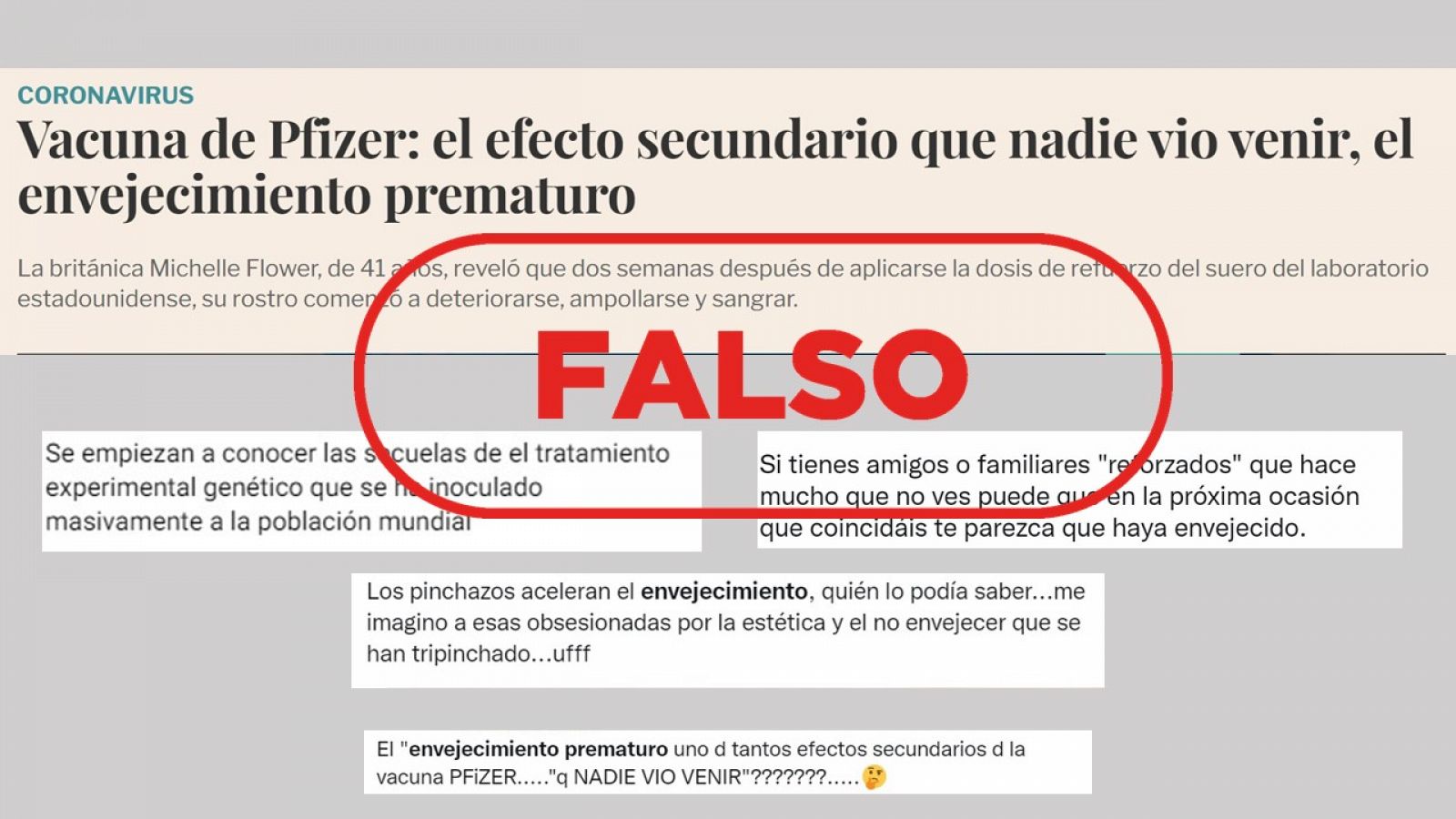 Capturas de mensajes que difunden falsedades sobre la vacuna de Pfizer contra la COVID-19 con el sello: Falso