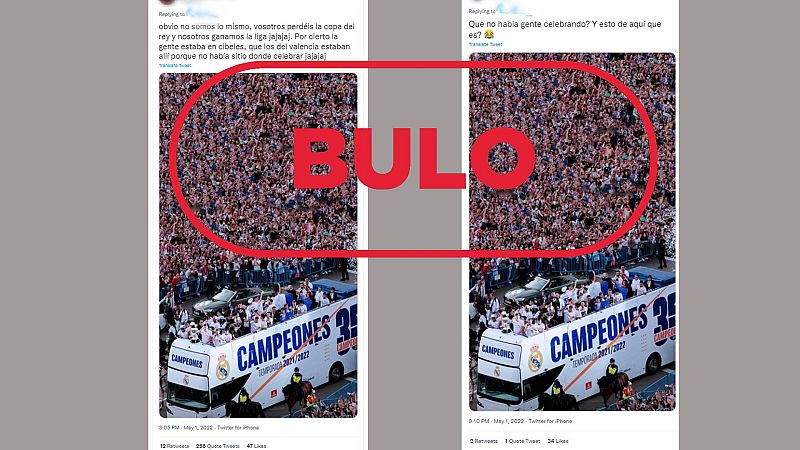 Dos mensajes de redes que difunden la imagen manipulada de la celebración del Real Madrid, con el sello bulo en rojo de VerificaRTVe