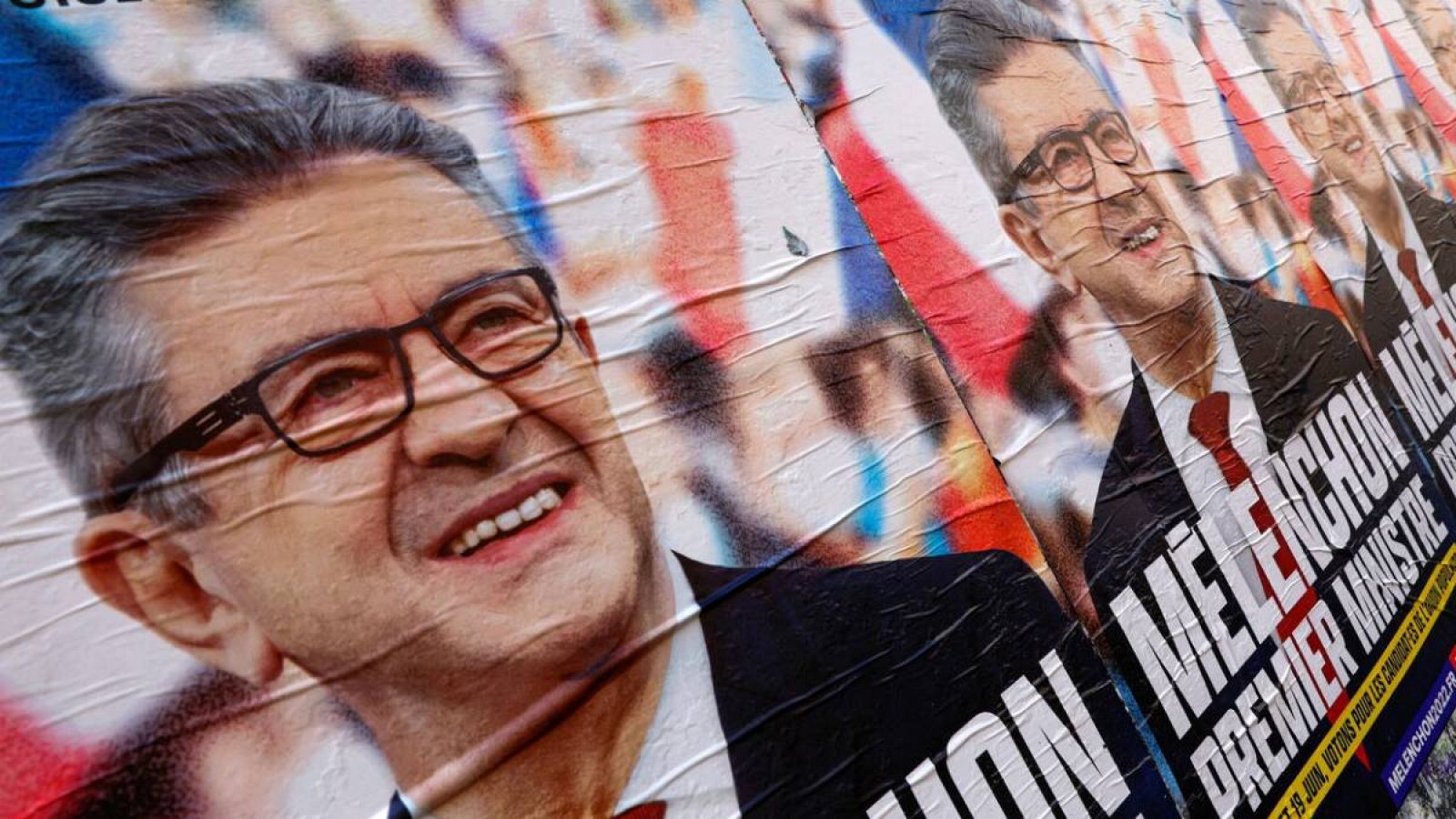 Los carteles de la elección parlamentaria de Jean-Luc Melenchon, líder del partido de oposición de extrema izquierda La France Insoumise.