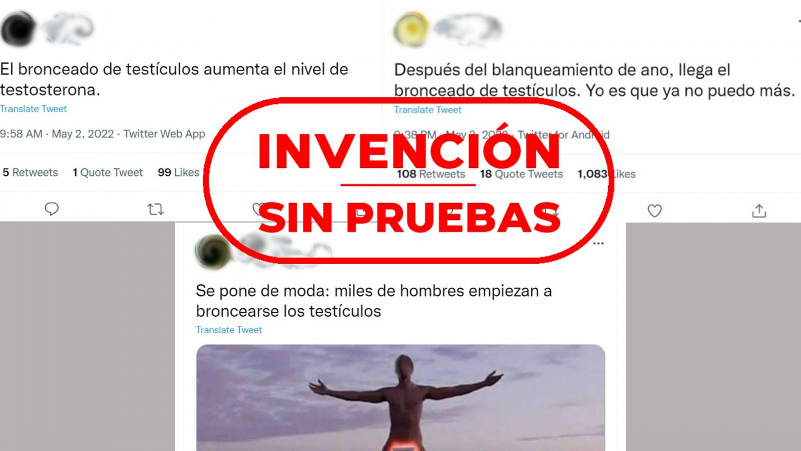 Tres mensajes de Twitter que hablan sobre el bronceado de testículos, con el sello rojo de Invención Sin Pruebas de VerificaRTVE