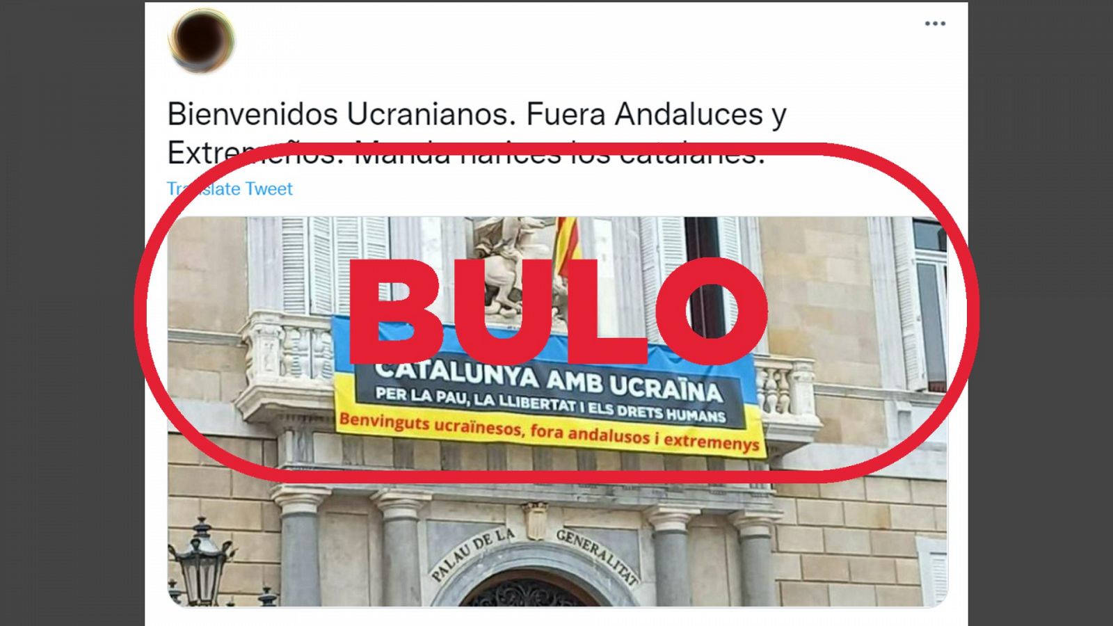 Imagen falsa de la pancarta colgada en la Generalitat de Cataluña con el sello bulo