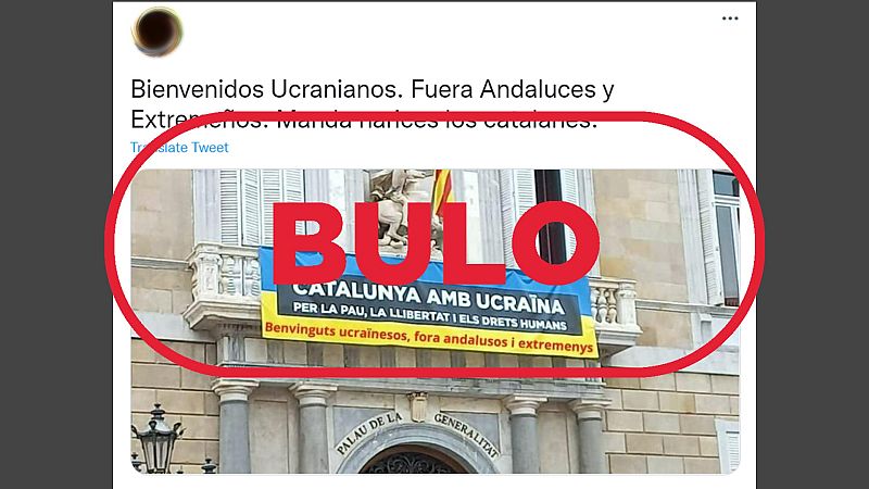 Imagen falsa de la pancarta colgada en la Generalitat de Cataluña con el sello bulo