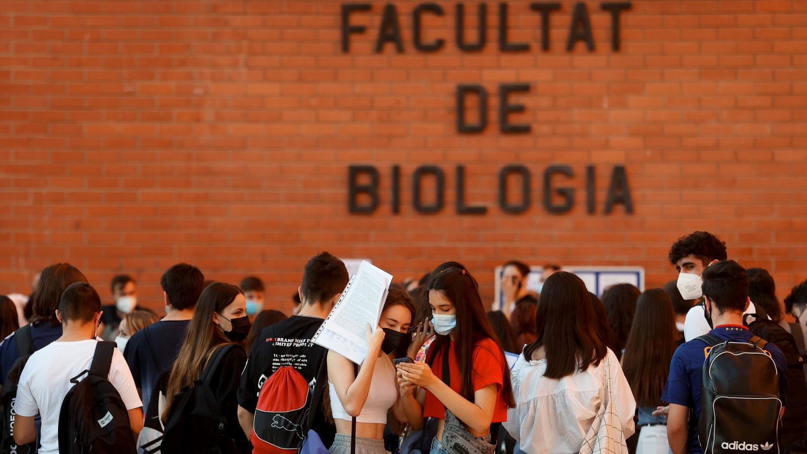 Estudiantes aguardan para examinarse en la Facultad de Biología de la Universitat de Barcelona