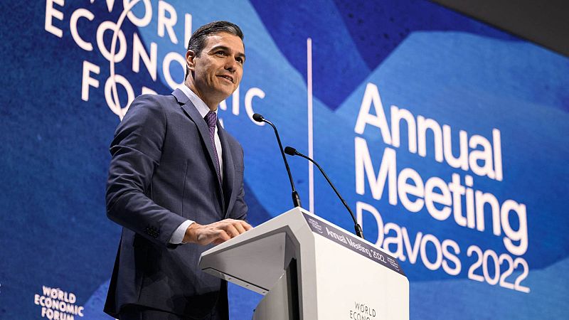 El presidente del Gobierno, Pedro Sánchez, durante su comparecencia en el Foro Económico Mundial