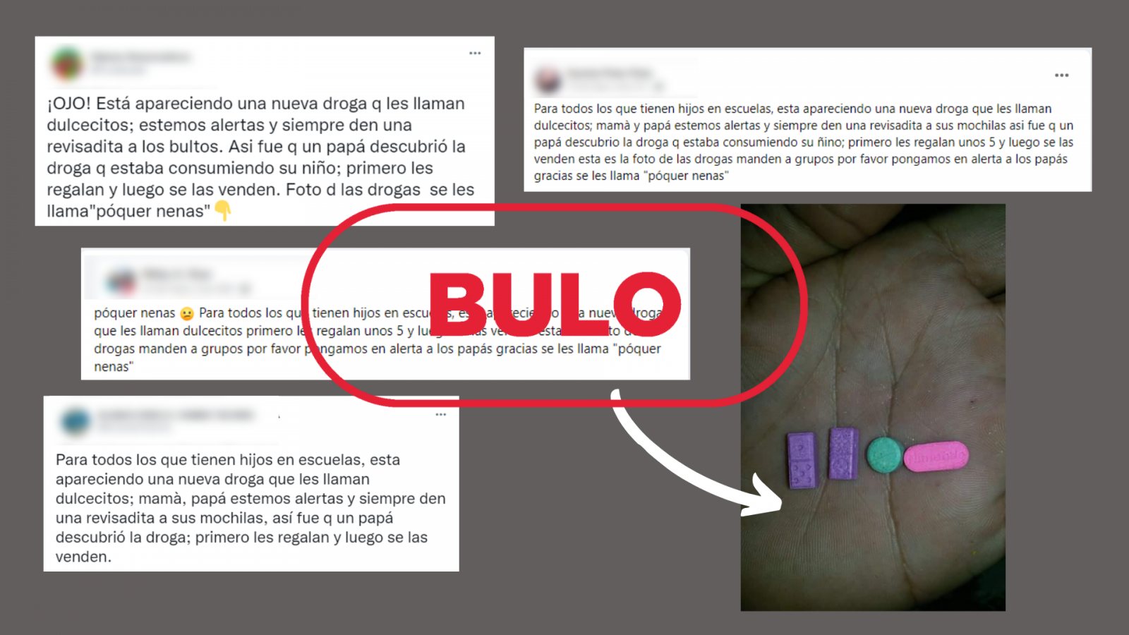 Mensajes de redes sociales que reproducen el bulo sobre una nueva droga llamada `dulcecitos¿, con el sello bulo en rojo