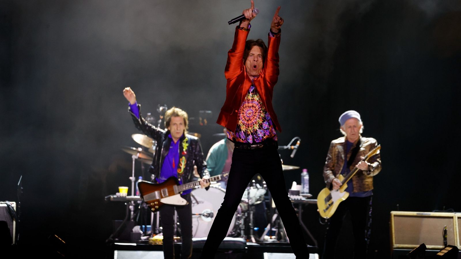 El cantante de The Rolling Stones, Mick Jagger, y los guitarristas Keith Richards y Ronnie Wood durante el concierto ofrecido este miércoles en Madrid.