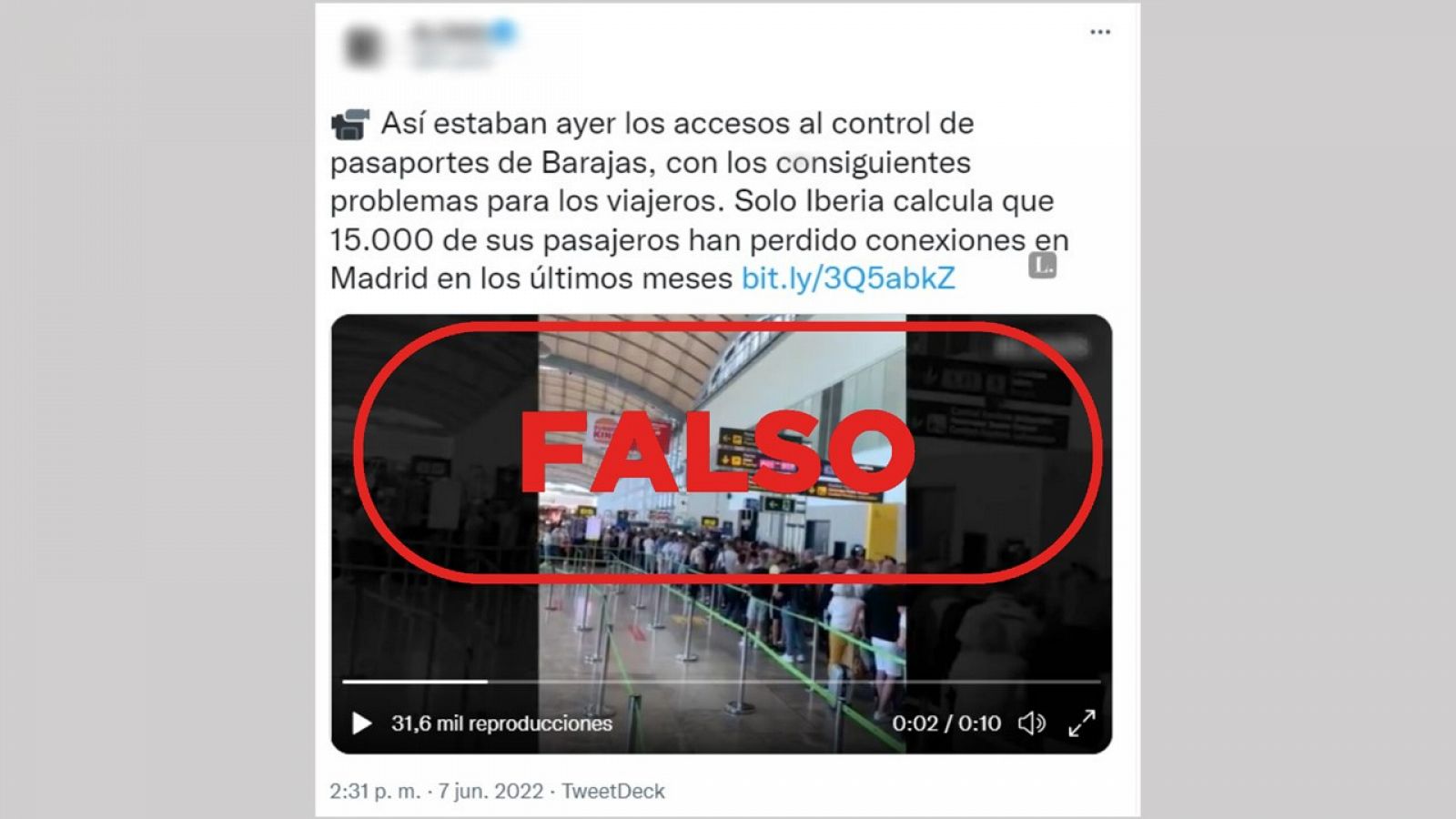 Mensaje que sitúa la imagen del aeropuerto de Alicante en Madrid con el sello: Falso