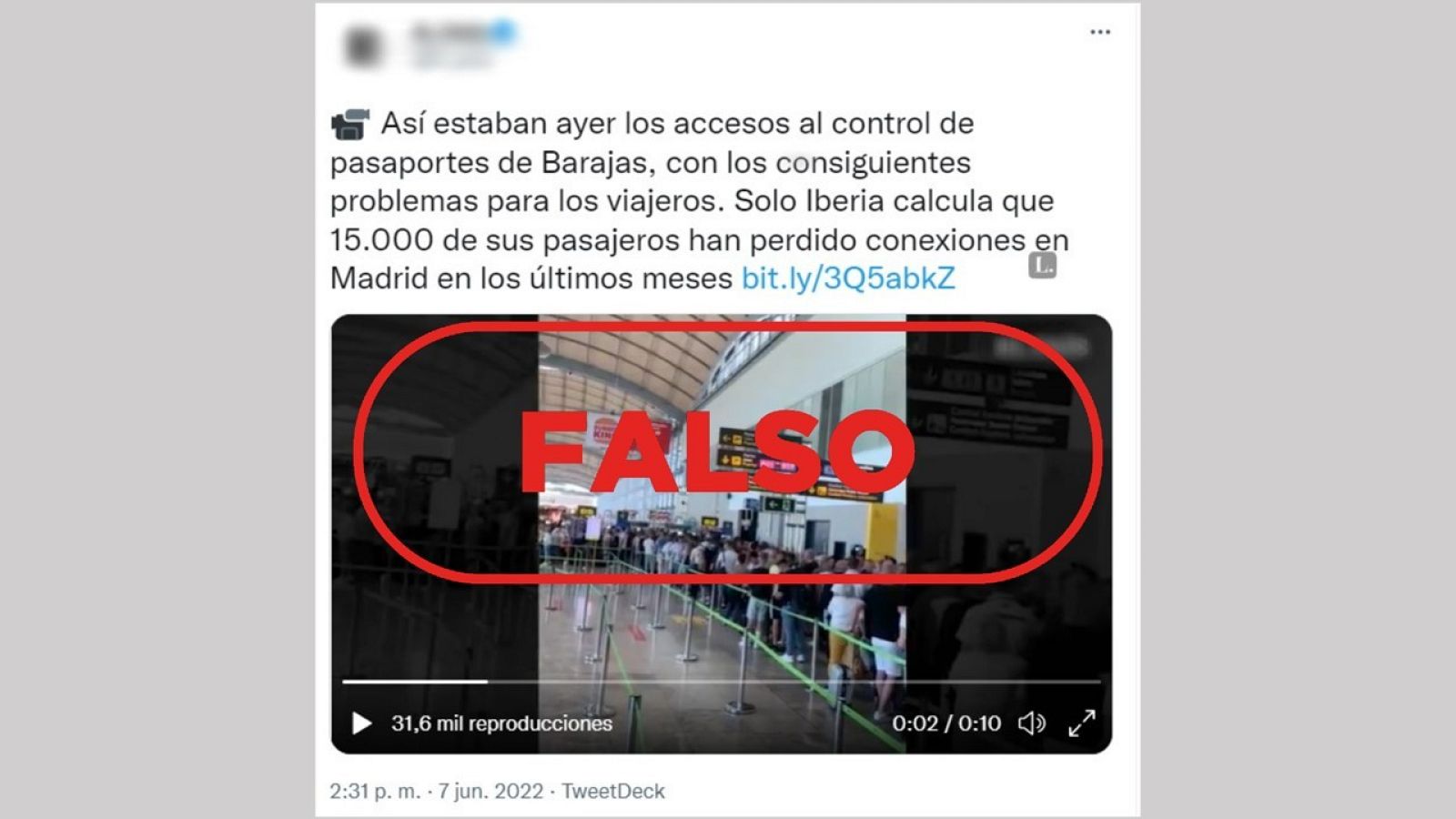 Mensaje que sitúa la imagen del aeropuerto de Alicante en Madrid con el sello: Falso