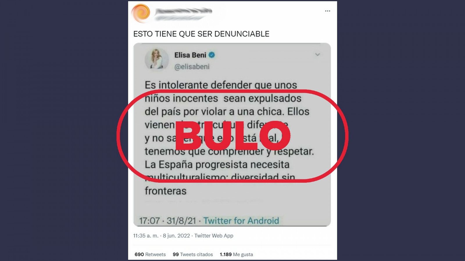 Mensaje que difunde el bulo que atribuye unas declaraciones falsas a Elisa Beni con el sello bulo