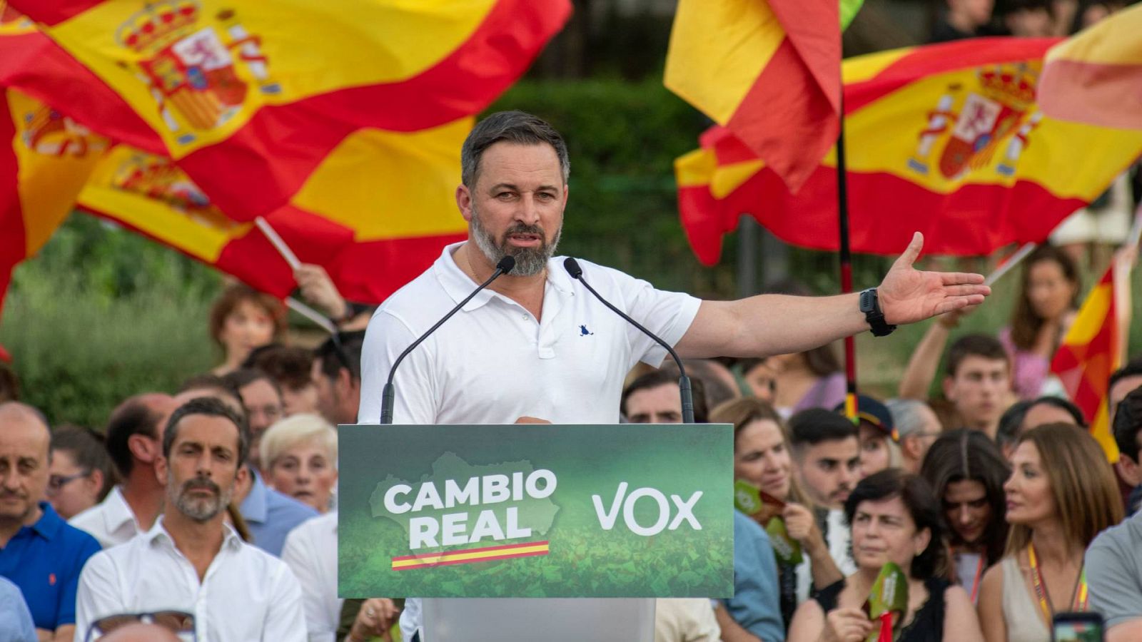 El presidente de Vox, Santiago Abascal, durante el mitin electoral celebrado el pasado viernes en el parque de la Concordia, en Jaén