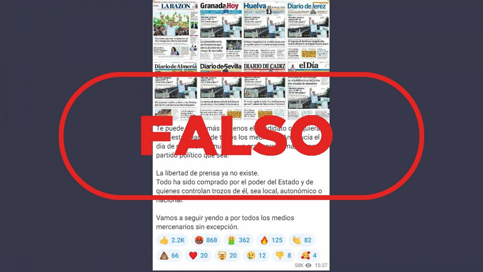 Mensaje que difunde la idea falsa de que todos los medios andaluces llevan la misma portada con el sello: Falso