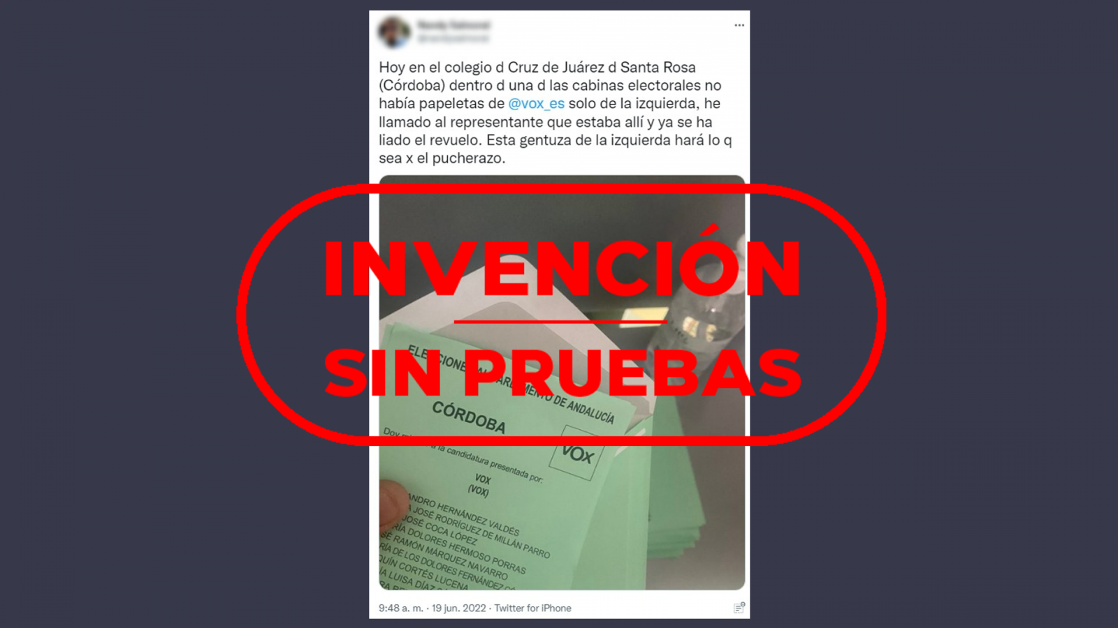 Mensaje sin pruebas que denuncia la ausencia de papeletas de VOX en un colegio de Córdoba con sello invención sin pruebas