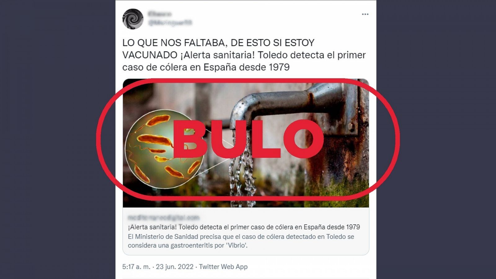 En Twitter se siguen difundiendo mensajes que reproducen el bulo del caso de cólera detectado en Toledo con el sello: Bulo