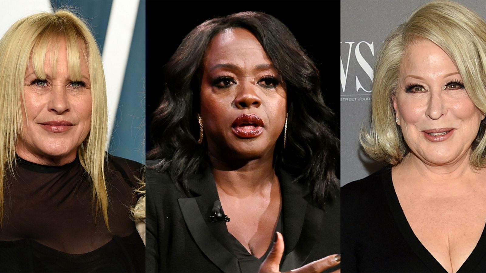 Fotomontaje de las actrices Patricia Arquette (i), Viola Davis (c) y Bette Midler (d).